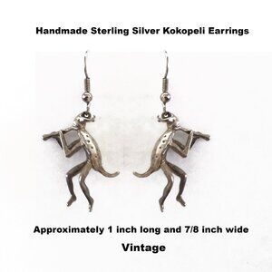 Handmade Sterling Silver Kokopeli Dangling Earrings - 1 inch long, 7/8 inch wide